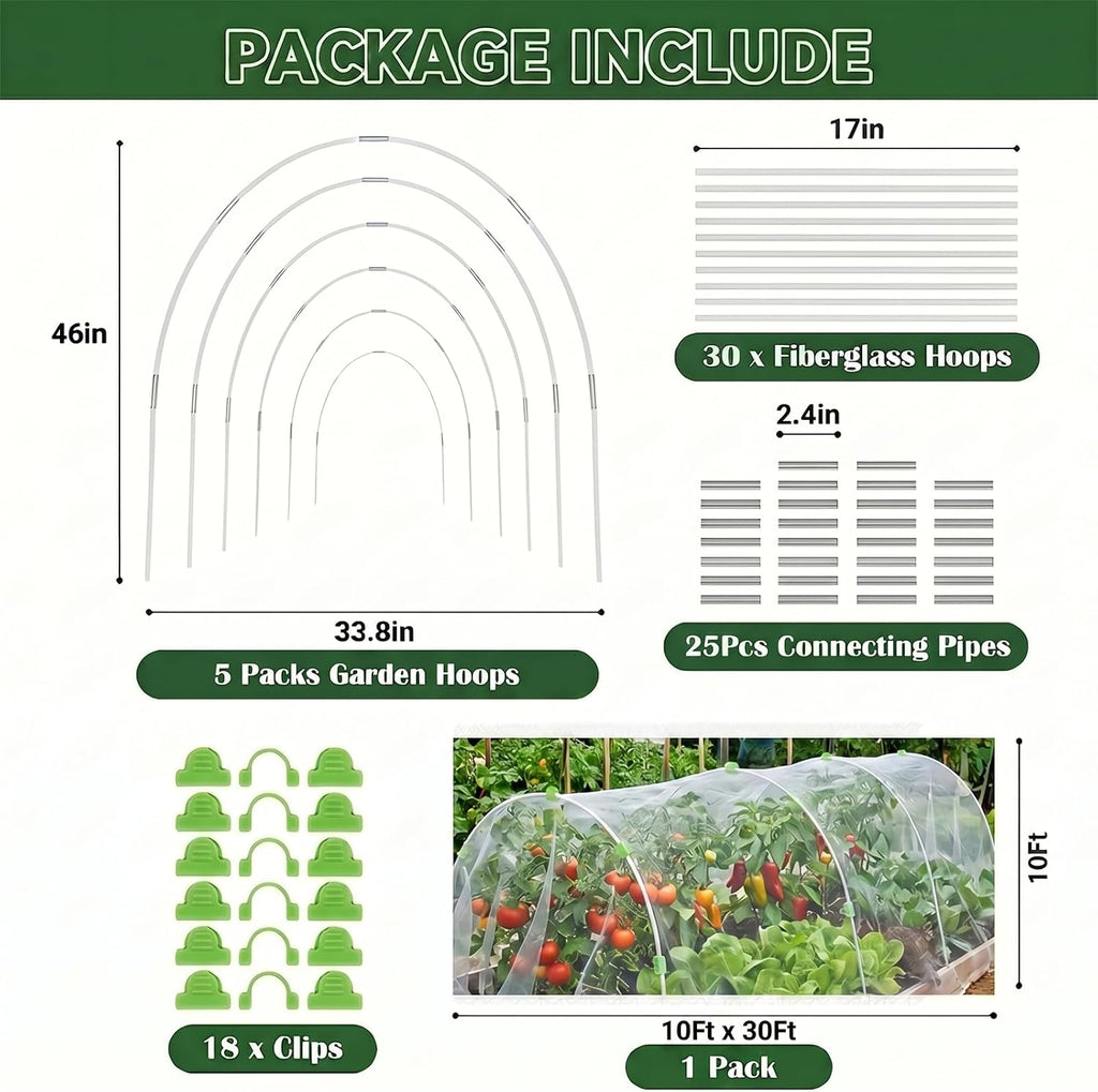 Garden Netting Kit for Raised Beds, 10x30FT Ultra Fine Mesh Netting & 5 Sets Garden Hoops with 18 Clips, Greenhouse Row