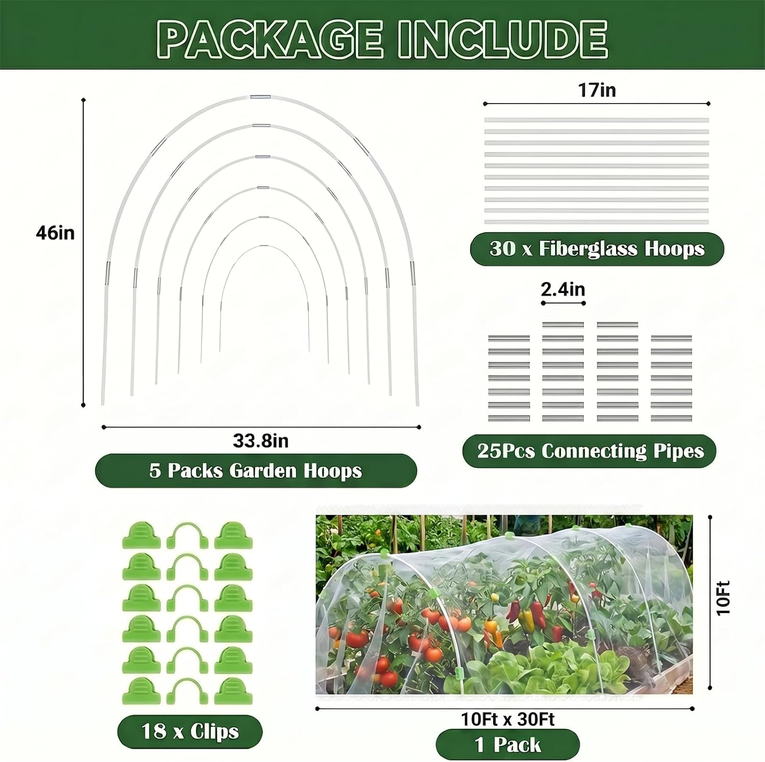 Garden Netting Kit for Raised Beds, 10x30FT Ultra Fine Mesh Netting & 5 Sets Garden Hoops with 18 Clips, Greenhouse Row