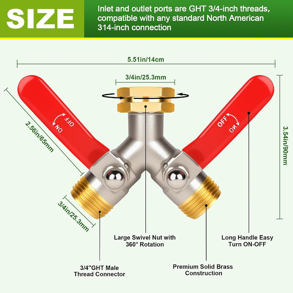 Hose Splitter 2 Way, High Flow Garden Hose Splitter, 3/4” Ght Inlet Brass Heavy Duty Hose Converter, Full Flow water 2