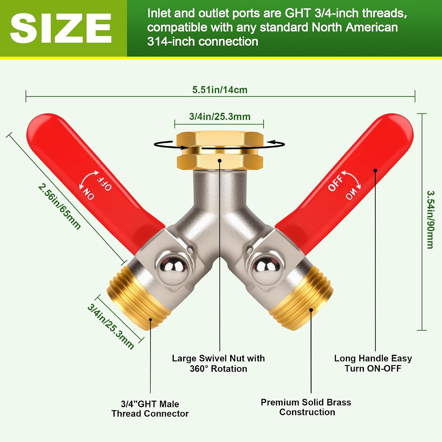 Hose Splitter 2 Way, High Flow Garden Hose Splitter, 3/4” Ght Inlet Brass Heavy Duty Hose Converter, Full Flow water 2