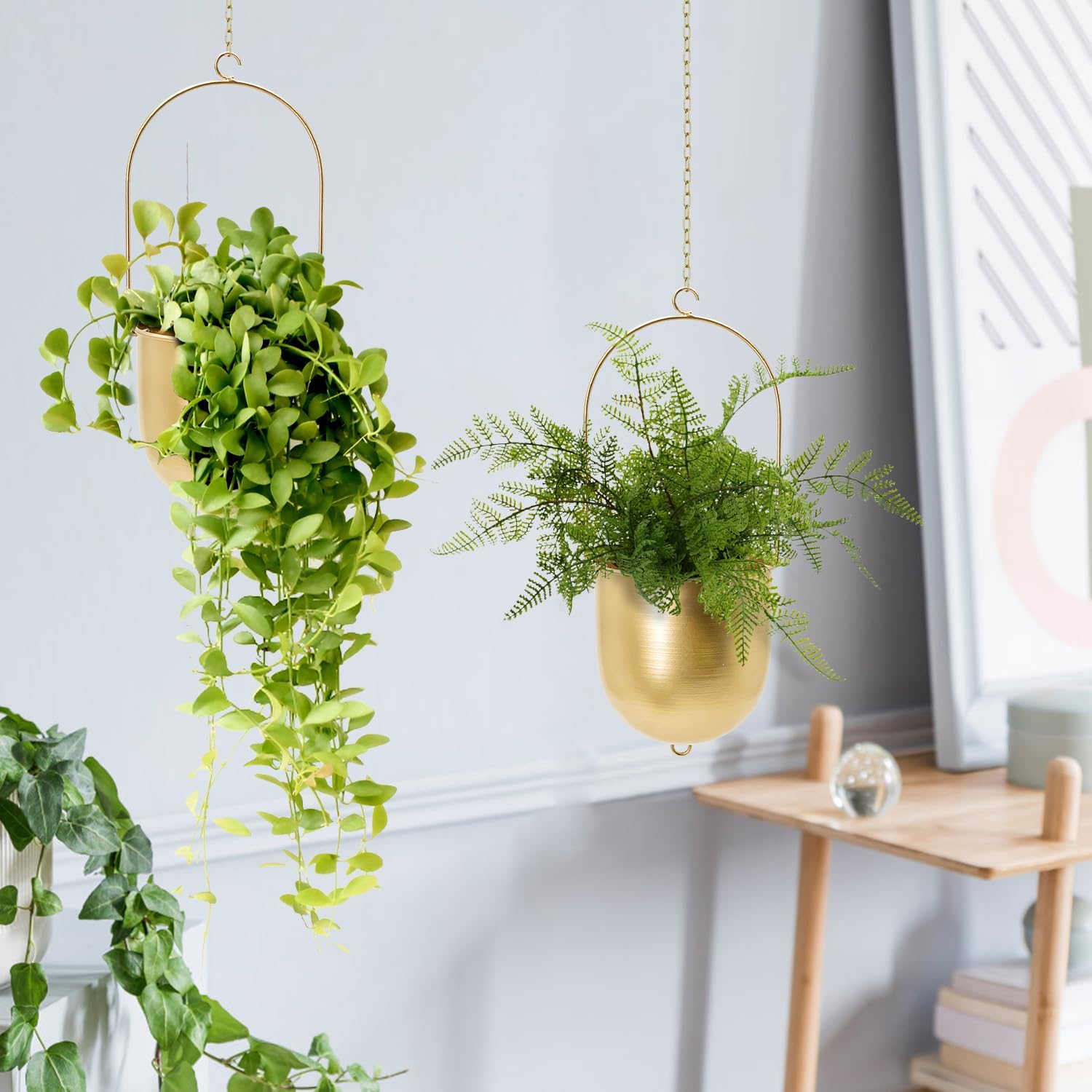 AceList Boho Hanging Planter, Set of 2 Gold Metal Plant Hanger with Hooks and Chains, Modern Wall & Ceiling Planters