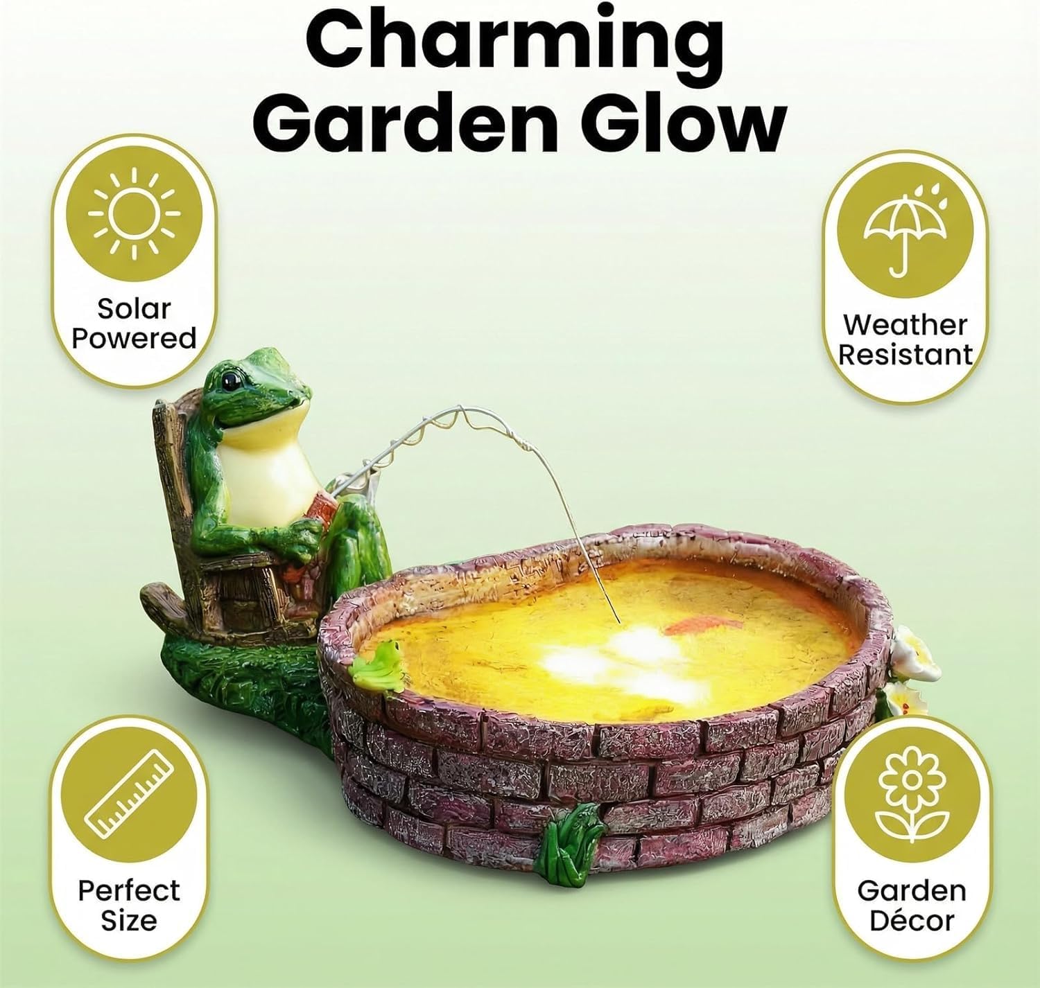 Solar Frog Fishing Statue Frog Garden Decor Lawn Ornament | Made Of Weather-Resistant Resin，Solar-Powered Led-Lit Fish