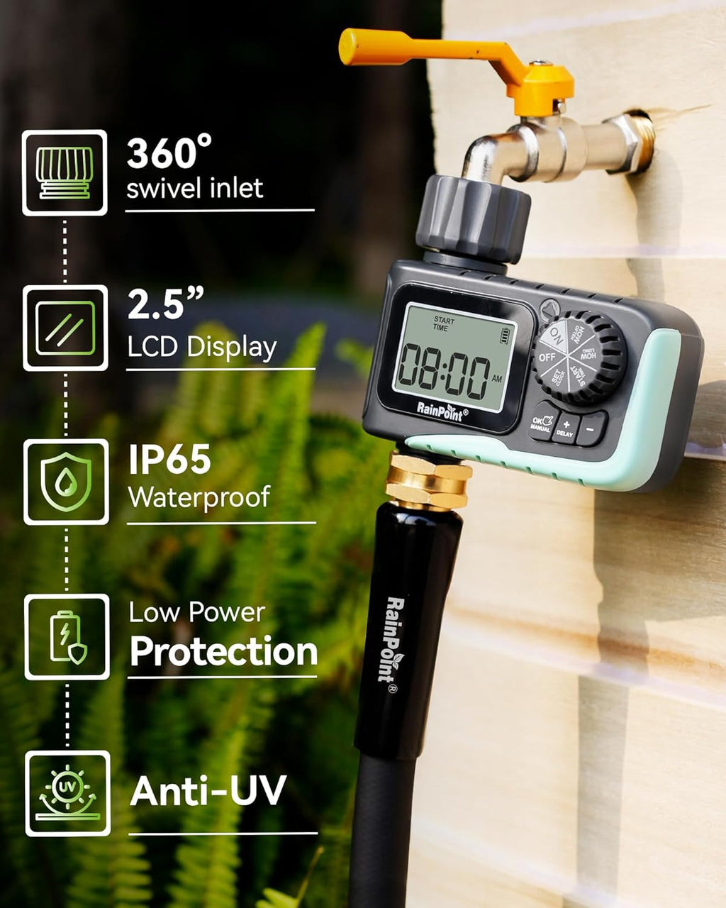 RAINPOINT Sprinkler Timer, Programmable Water Timer for Garden Hose, Outdoor Soaker Hose Timed with Rain