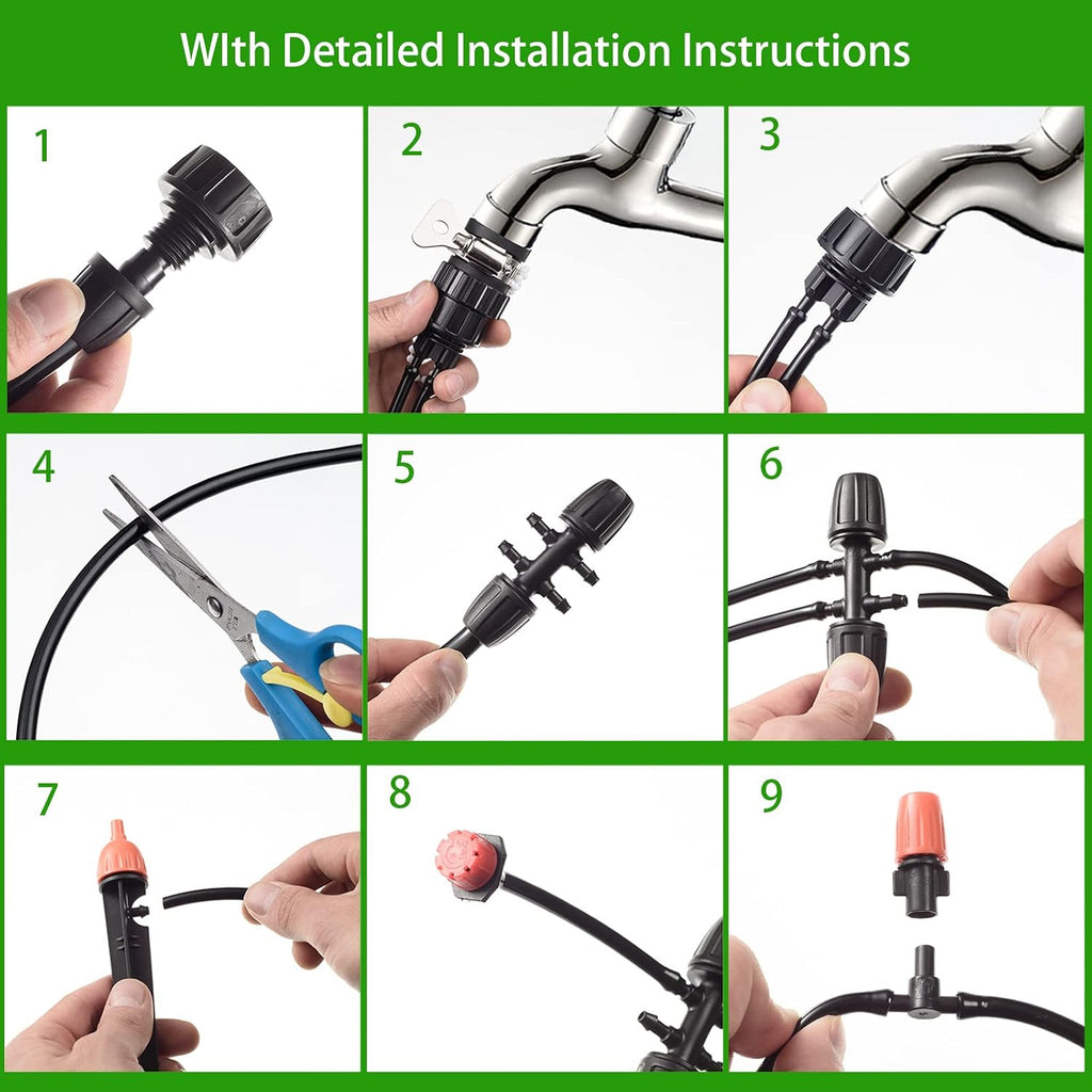 280 Pcs Drip Irrigation Kit, 147FT Garden Watering System 1/2 1/4 in Distribution Tubing Hose Automatic Patio Misting