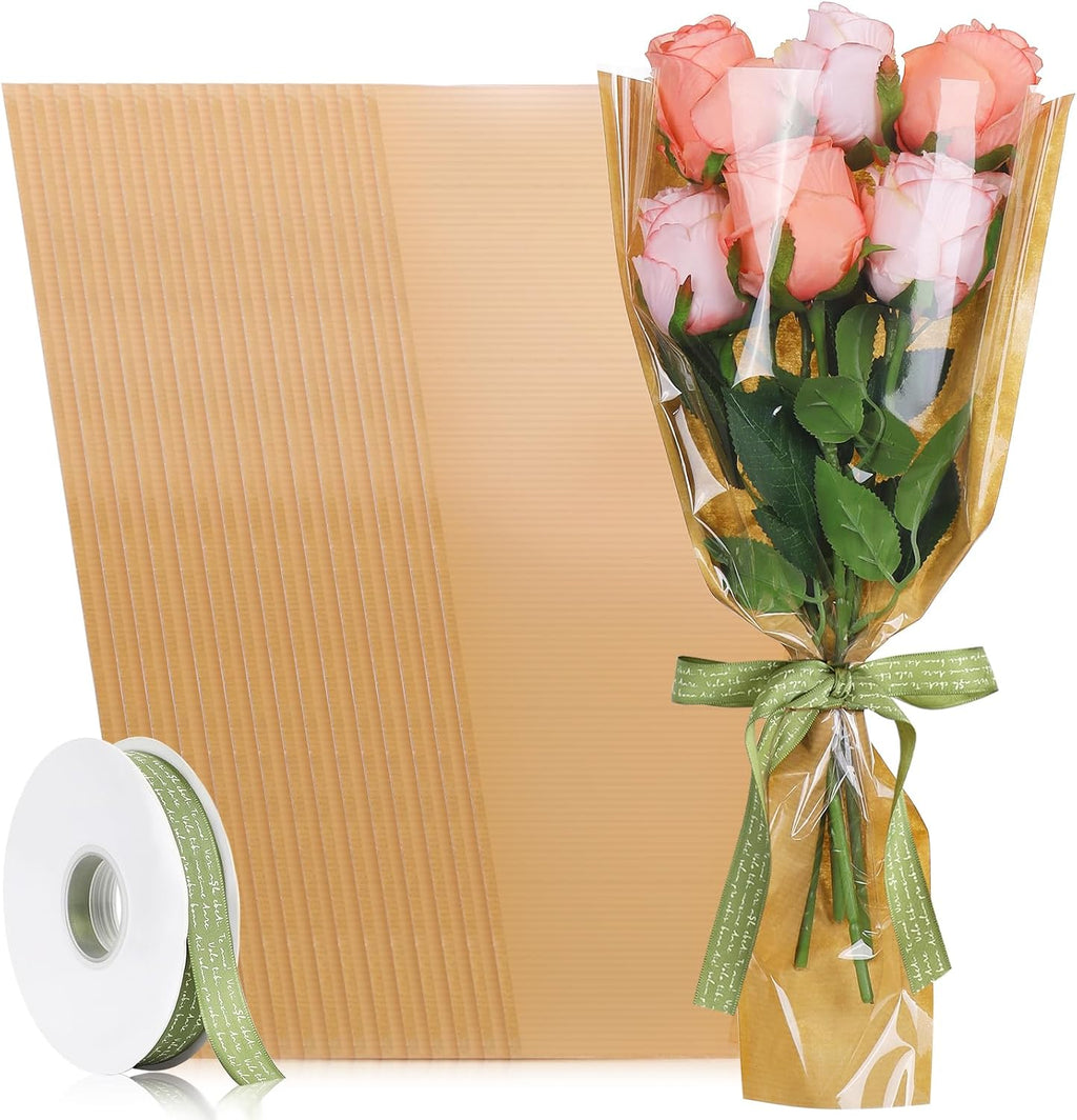 tchrules 50pcs Kraft Brown Flower Bouquet Wrapping Paper with Ribbon