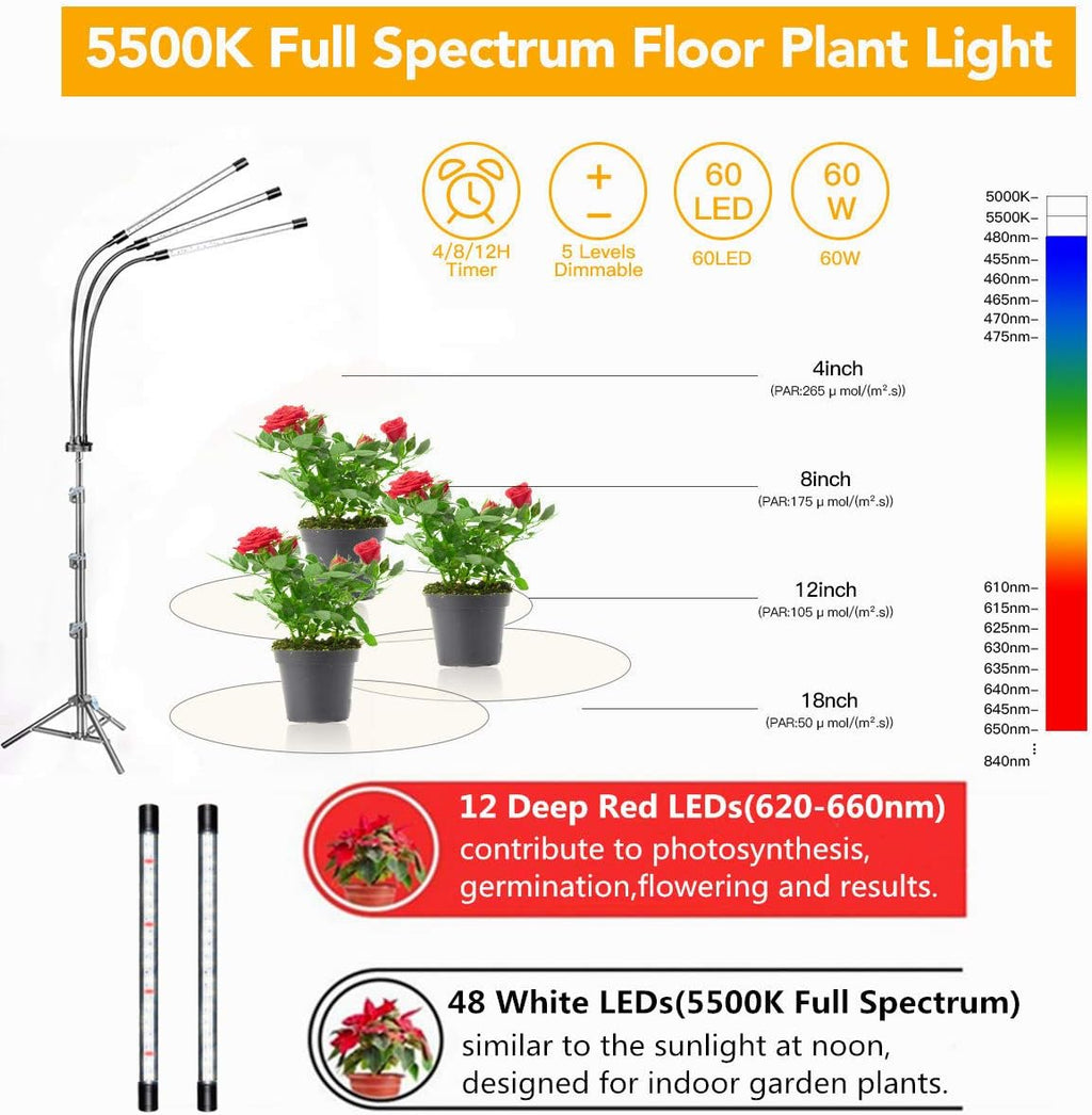 GHodec Grow Light with Stand, 60 LED 5500K Full Spectrum Floor Plant Light for Indoor Plants Growing,5 Dimmable Levels