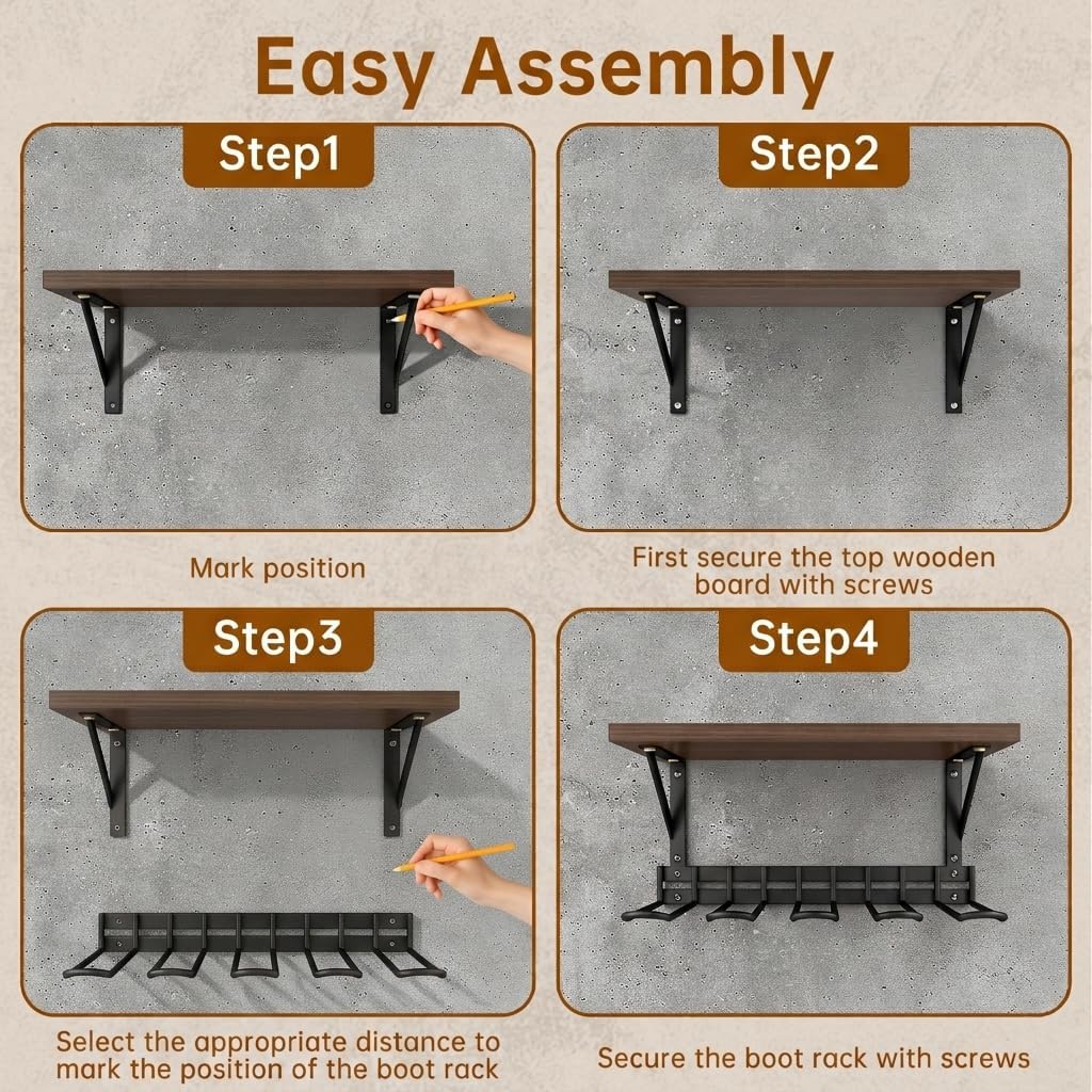 Wall Mount Boot Rack, Garden Tool Organizer With Curved Hooks & Wood Shelf, | Heavy Duty Wader Boot Hangers Organizer