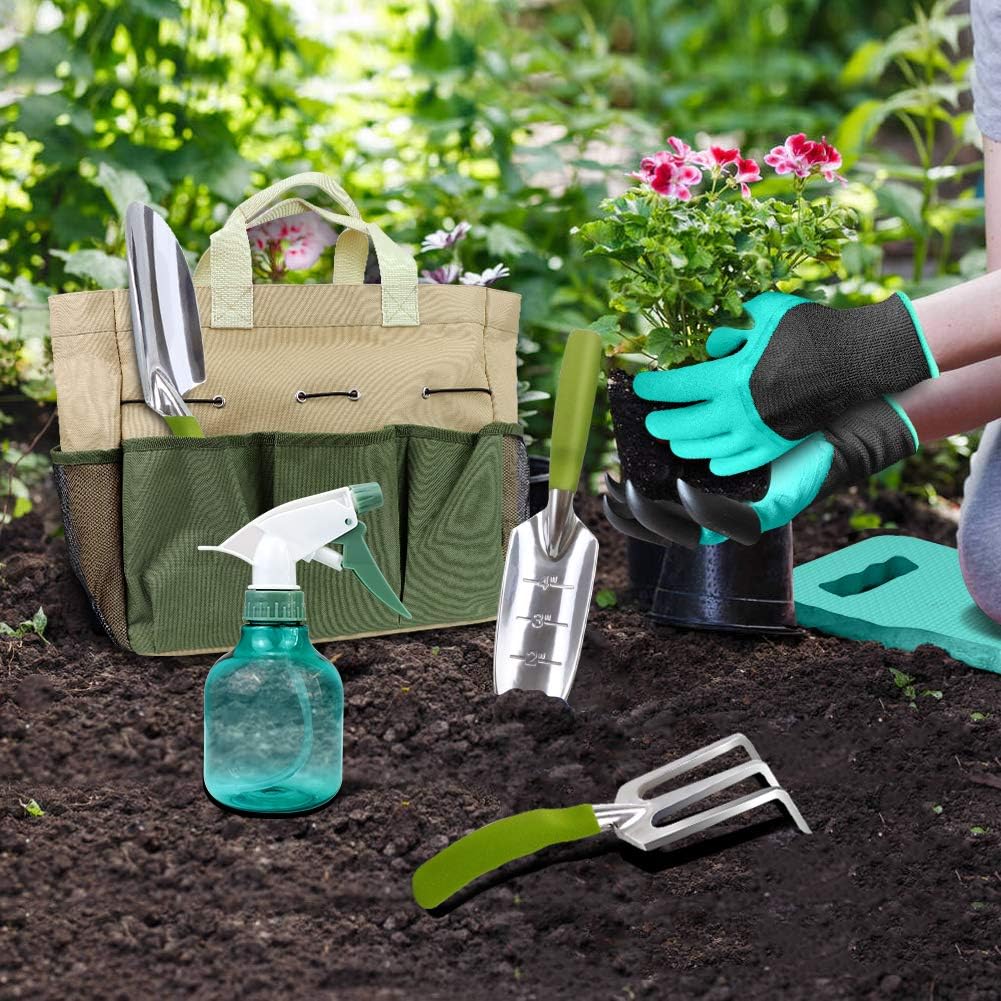 Garden Tools Set with 3 Aluminum Gardening Tools, 1 Pruning Shear, 1 Mister Spray Bottle, 1 Foam Kneeler，1 Garden