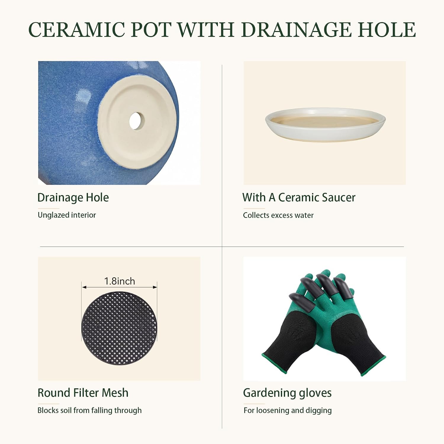 8.3 Inch Modern Ceramic Plant Pot with Drainage Hole and Mesh Net, Indoor Outdoor Planter with Saucer & Gardening
