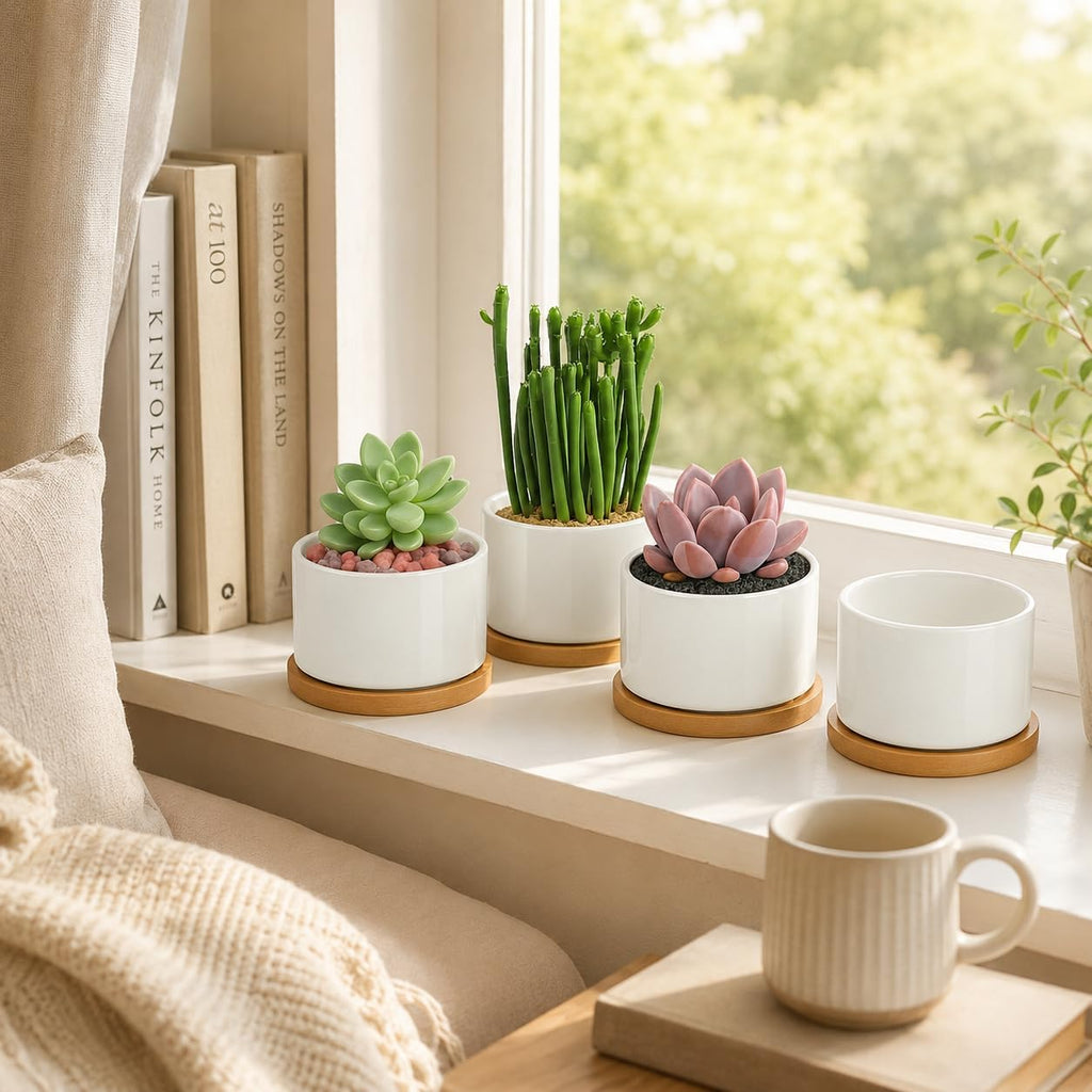 ZOUTOG Ceramic Succulent Pots 8 Pack,3.6 Inch Plant Pots,Succulent Planters with Drainage Hole & Bamboo Tray for Indoor