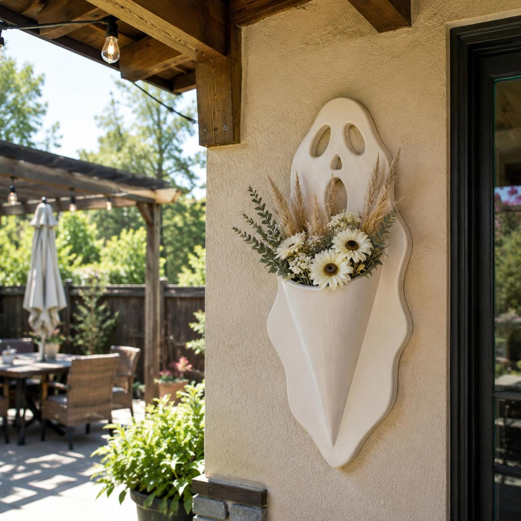 Halloween Ghost Wall Planter 13.4'' White Ghost Scream Face Resin Wall Vase Spooky Hanging Pocket Planter for Plants