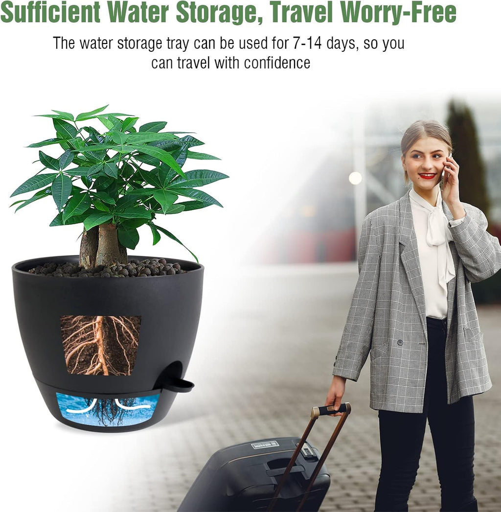 UOUZ 12 inch Large Self Watering Pots, Plastic Planters with 60oZ Removable Deep Reservoir and Multi Mesh Drainage