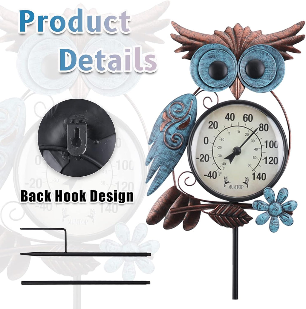 Outdoor Thermometer, Owl Outside Decor for Patio, Yard and Garden | No Battery Needed Garden Stake Wall Art Gifts Idea
