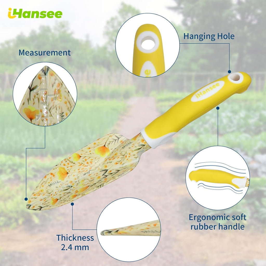 Yellow Garden Tools Set 10 Pieces, Gardening Gifts for Women | Aluminum Alloy Steel Hand Tool Kit w/Non-Slip Ergonomic