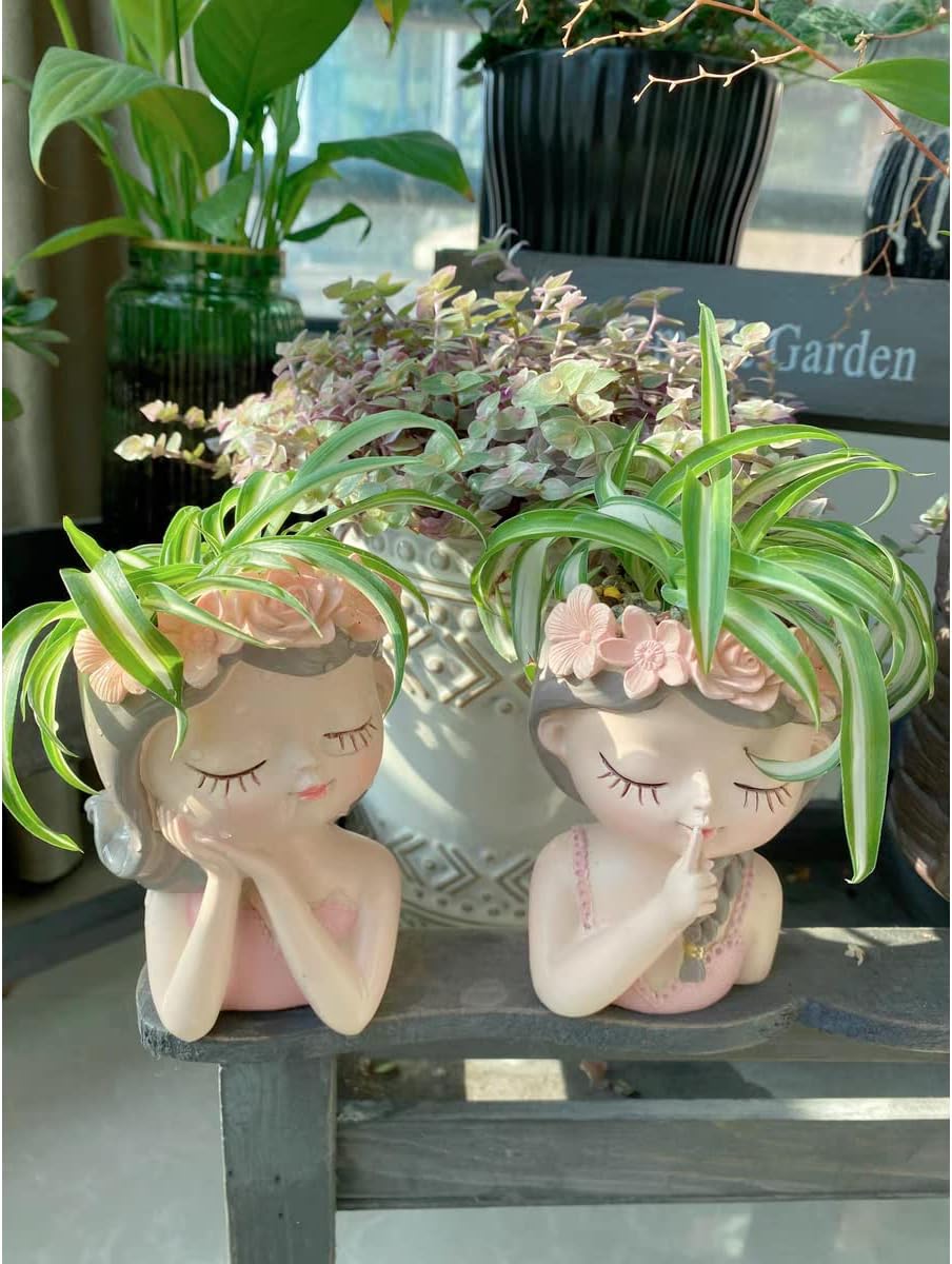 Small Fairy Head Planter, 3 Pack Succulent Pots, 4 Inches Girl Face Flower Pot Cute Resin Cactus Planters with Drainage