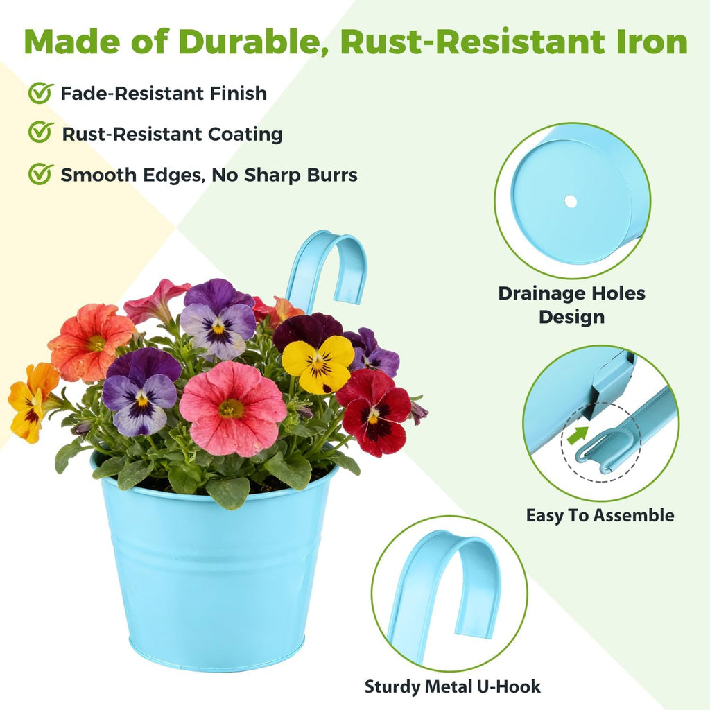 12 Pack Balcony Planters Railing Hanging, Colorful Railing Planter 6.4 Inch Plant Pots with Drainage Holes Hanging