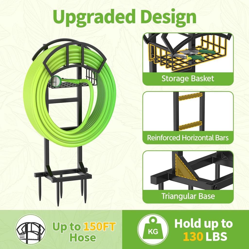 LASZOLA Garden Water Hose Holder Hanger Freestanding Reel for Outside Black | Rack Outdoor with Storage Basket, Heavy