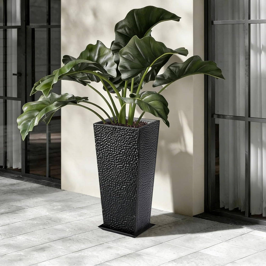 BAYN 2-Pack 24" Tall Metal Planter – Hand-Hammered Textured Large Black Flower Pots Box with Saucer for Outdoor&Indoor
