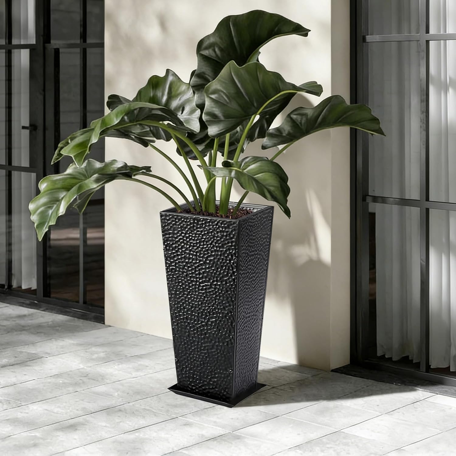 BAYN 2-Pack 24" Tall Metal Planter – Hand-Hammered Textured Large Black Flower Pots Box with Saucer for Outdoor&Indoor