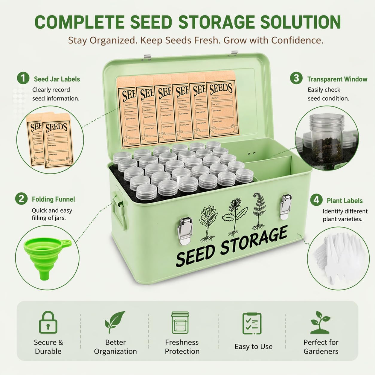 Seed Storage Box – Metal Seed Packet Organizer with Garden String and Bamboo Plant Labels. Seed Container Storage