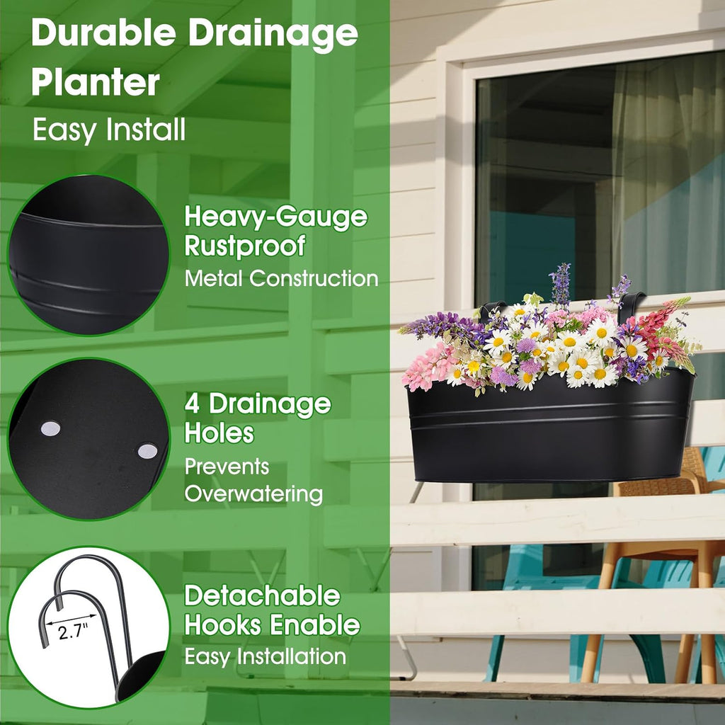 Railing Planter Box, 16" Large Hanging Planters for Outdoor Plants, 3 Pack | balcony planters with Detachable Wide