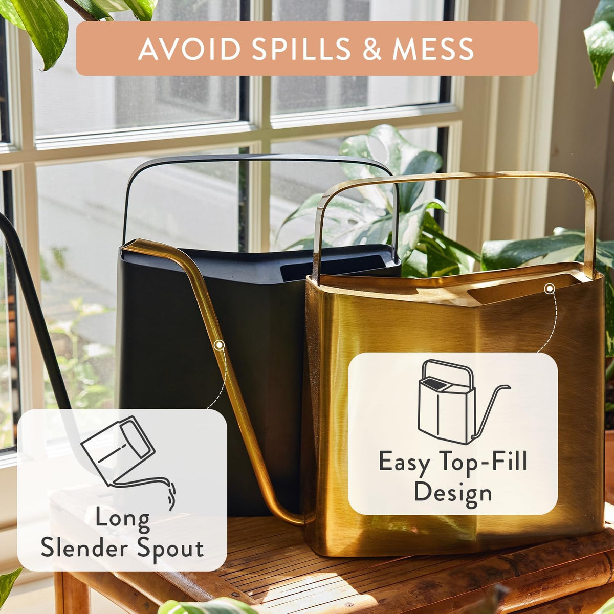 Modern Sprout Brass Plant Watering Can - 3L Stainless Steel - Long Spout | Large Rust Resistant Vessel - Ideal for