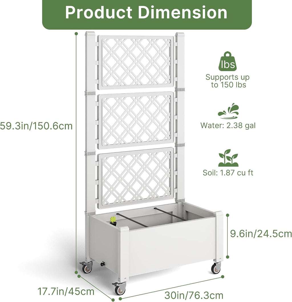 Miory 60" Raised Garden Bed with Trellis & Wheels, Vertical Gardening Planter Box with Water Level Indicator and