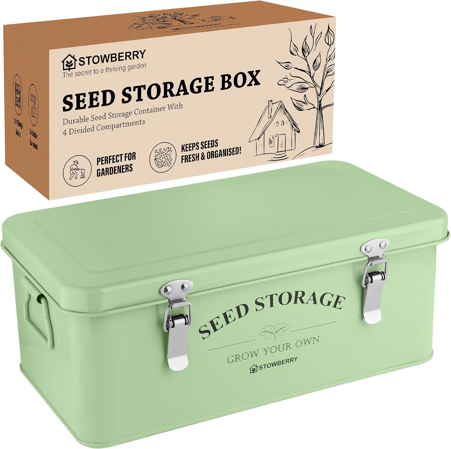 Seed Storage Box Organizer – Green Garden Seeds Tin with Lid, Side Handles, 4 Compartments & Safety Lock – Seed Packet