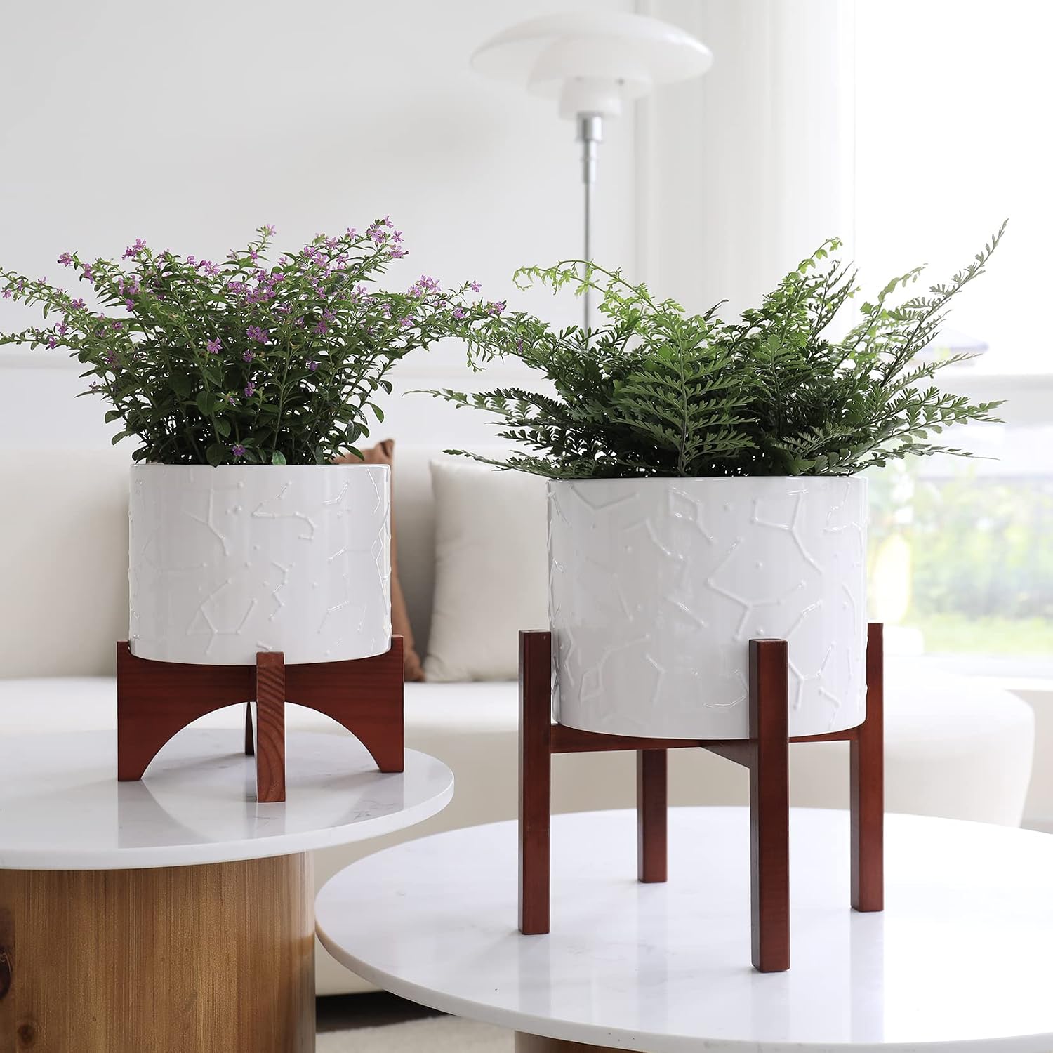 LA JOLIE MUSE Ceramic Pot for Plants, 8 Inch Indoor Planter with Stand | Decorative Plant Pot with Wood Stand and
