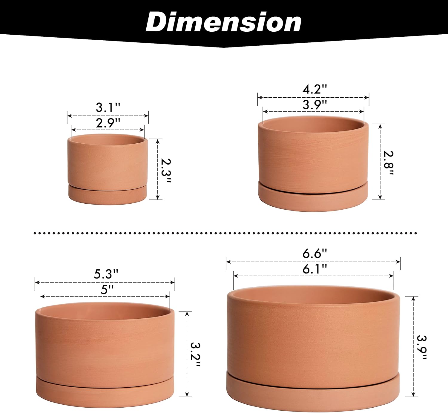 D'vine Dev Set of 4 Terracotta Shallow Planter Pots for Succulent, 3 Inch 4 Inch 5 Inch 6 Inch, Small Flower Plant Pots