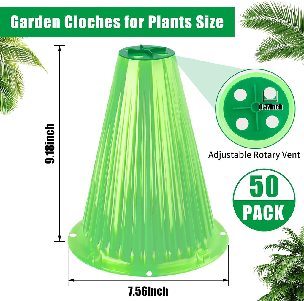UQM 50 Pack Garden Cloches for Plants with Rotary Vent Cover Reusable | Bell Plant Protector Garden Protection from