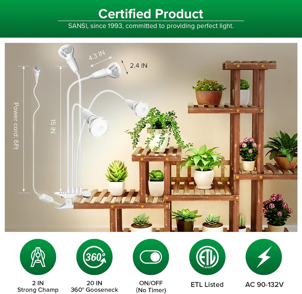SANSI Grow Lights for Indoor Plants, 40W Clip-On Gooseneck LED Plant Lights | Lifetime Free Bulb Replacement, Plant