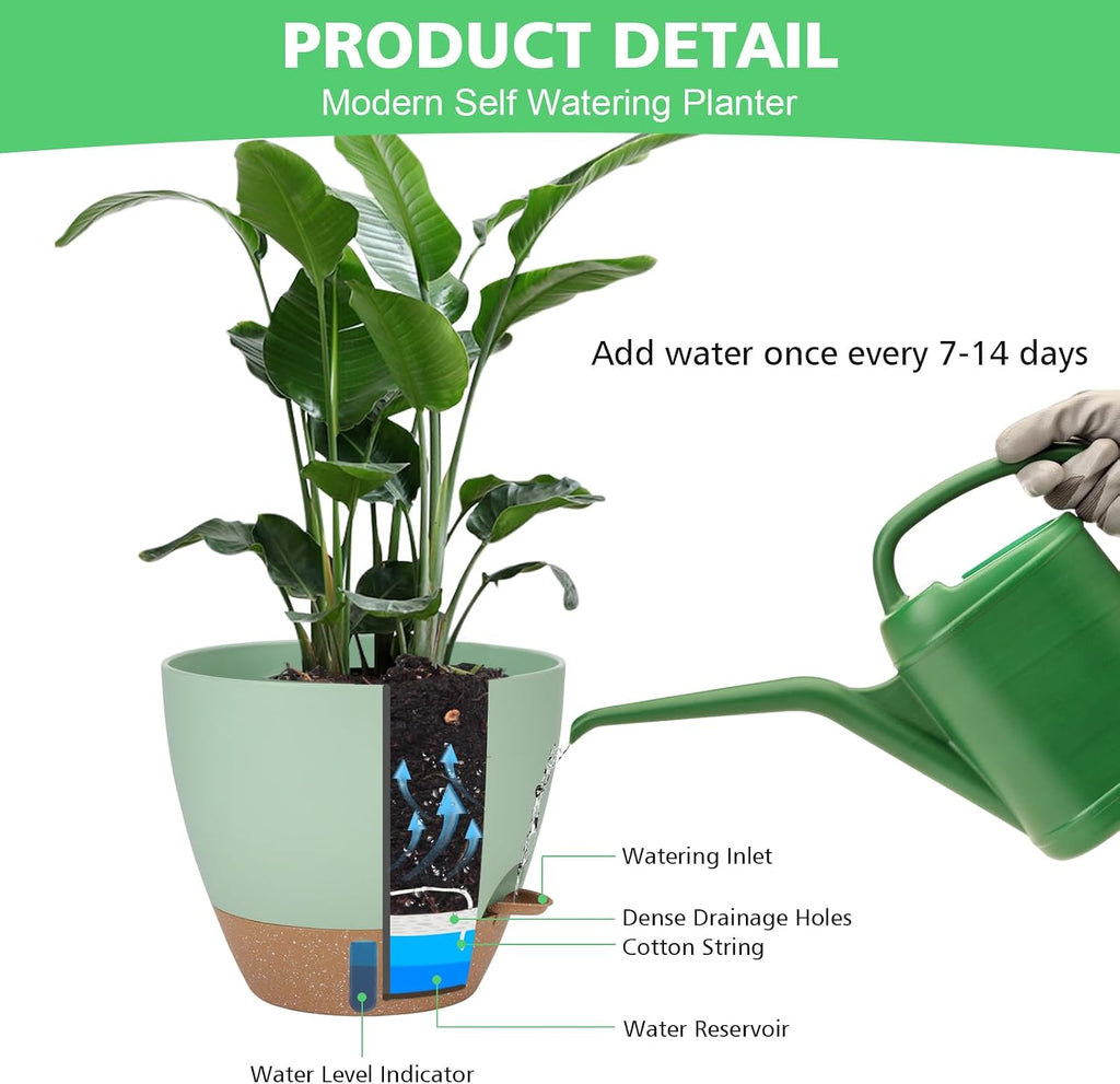 Self Watering Planter for Indoor Plants, 12" 10" 9" 8" Plastic Large Flower Pot Set with Water Level Indicator Deep