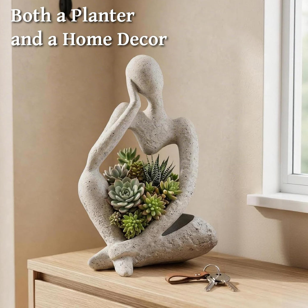 Large Resin Thinker Head Planter Pot with Drainage Hole Unique Indoor Outdoor Flower Pot for Succulents Cacti and Home