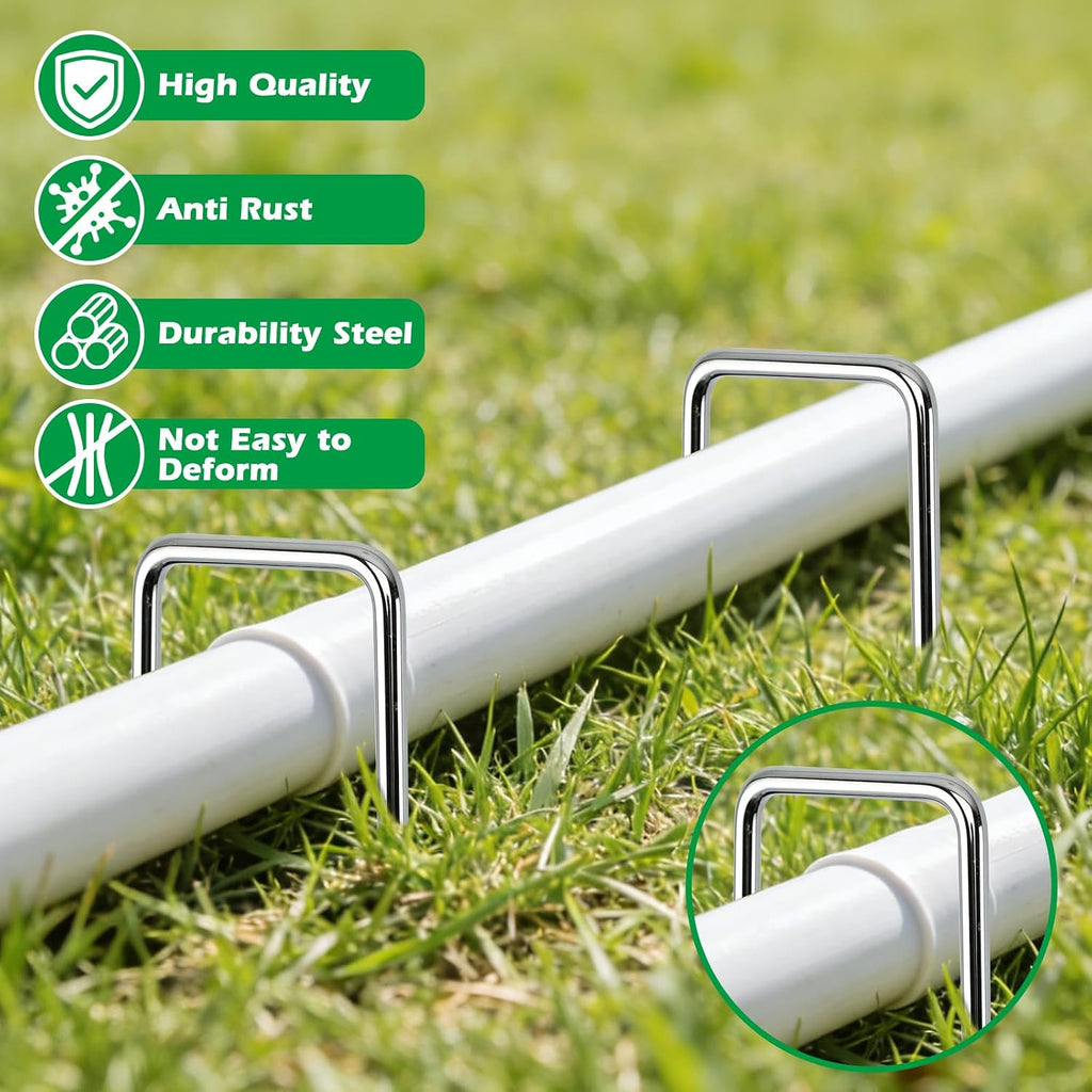 100 Pack Landscape Staples and 100 Pack Gaskets,11 Gauge 12" Galvanized Steel Garden Staples with Black Pads Turf