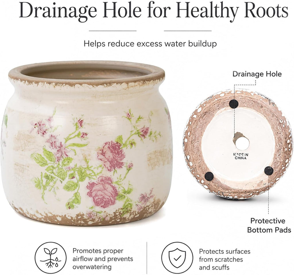 Dosayes Vintage Plant Pot, Pink, 6.29 inch Ceramic Flower Pot | Rustic Floral Design with Crackle Glazed, Farmhouse