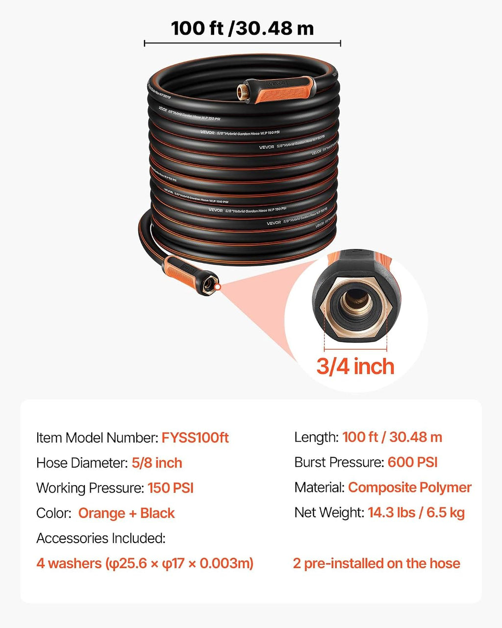 VEVOR Garden Hose, 100 ft 5/8" Heavy Duty 4-Layer Rubber Water Hose, 150PSI Working & 600PSI Burst, Flexible & Non-kink