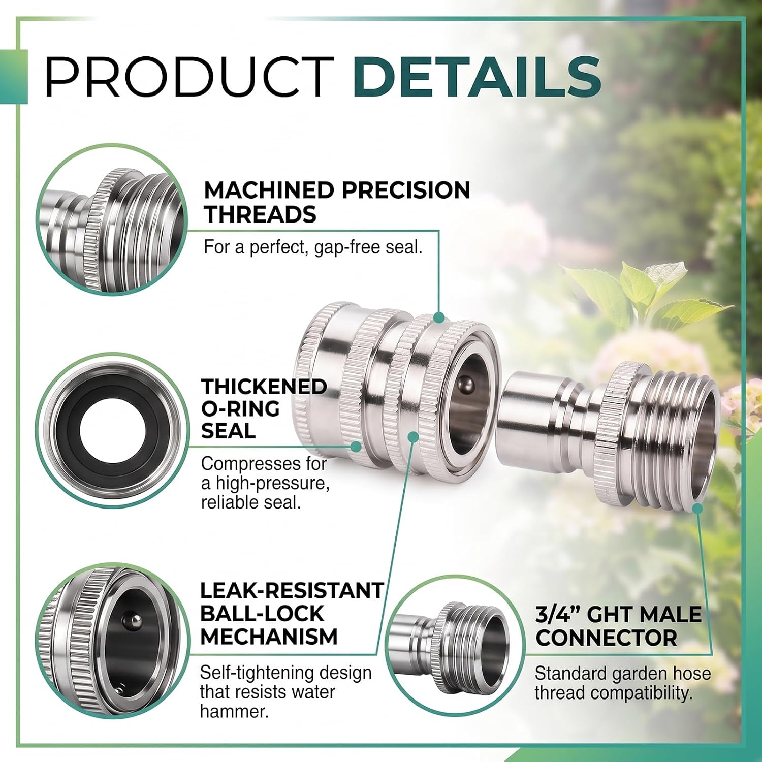 Stainless Steel Garden Hose Quick Connect Fittings, 3/4 Inch GHT | Heavy Duty Male and Female Quick Release Water Hose