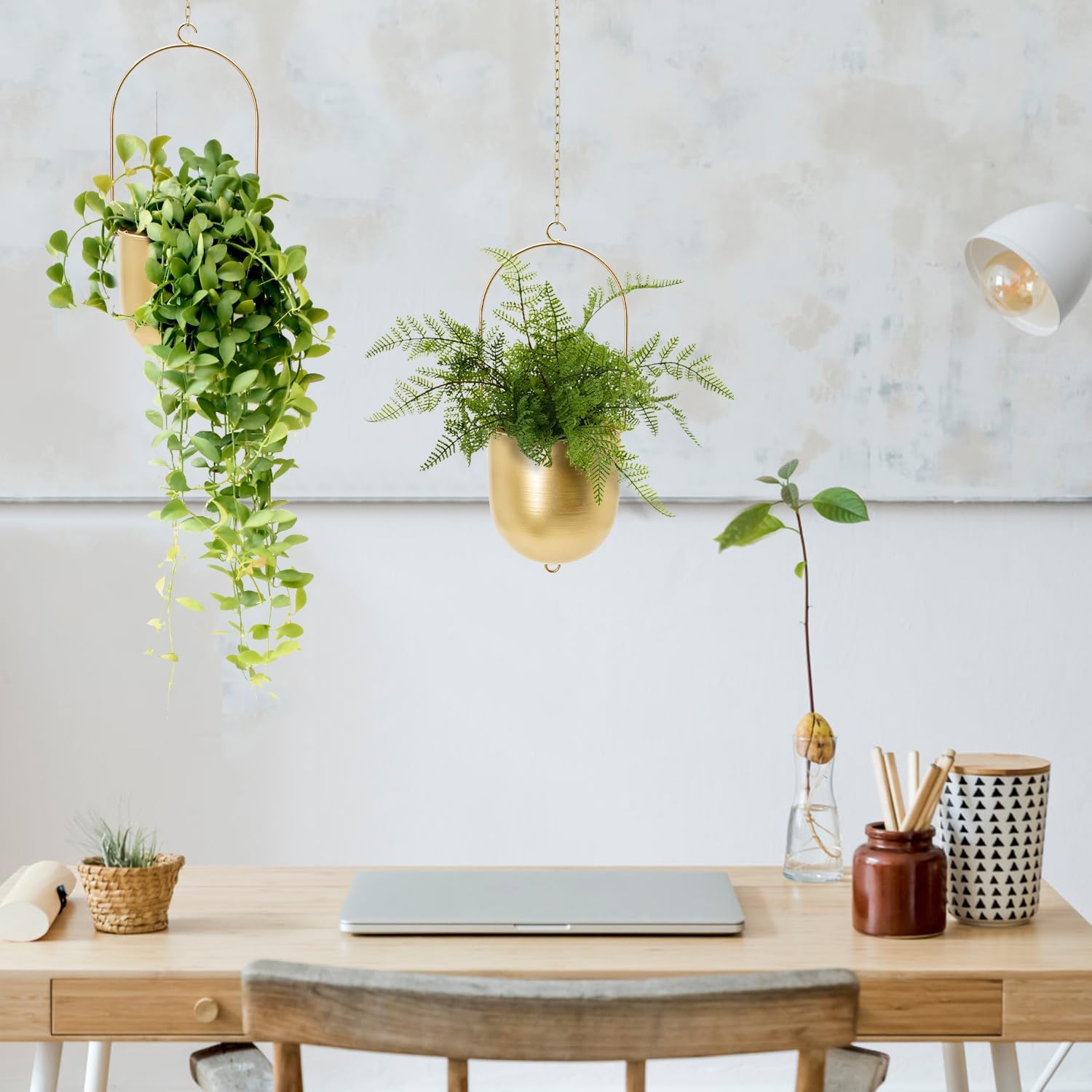 AceList Boho Hanging Planter, Set of 2 Gold Metal Plant Hanger with Hooks and Chains, Modern Wall & Ceiling Planters