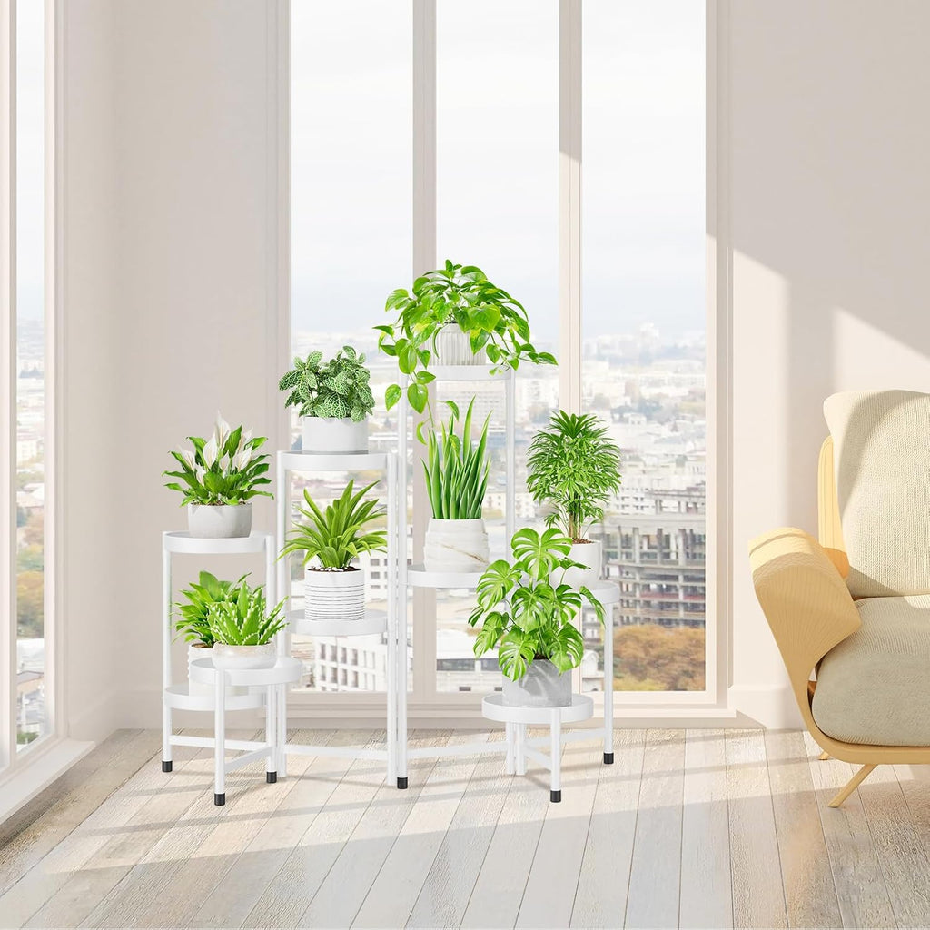 iDavosic.ly Plant Stand Indoor Outdoor, 9 Tier Metal Corner Shelf, White | Tiered Flower Display Holder, Folding Multi
