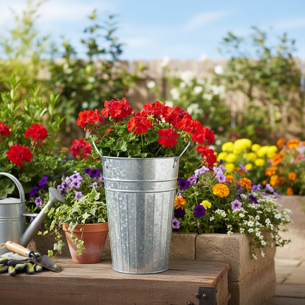 DAHO 4 Pack Tall Metal Planters for Plants, Flowers, Decor, Garden, Patio, Indoor or Outdoor (Galvnized, 9.06'')