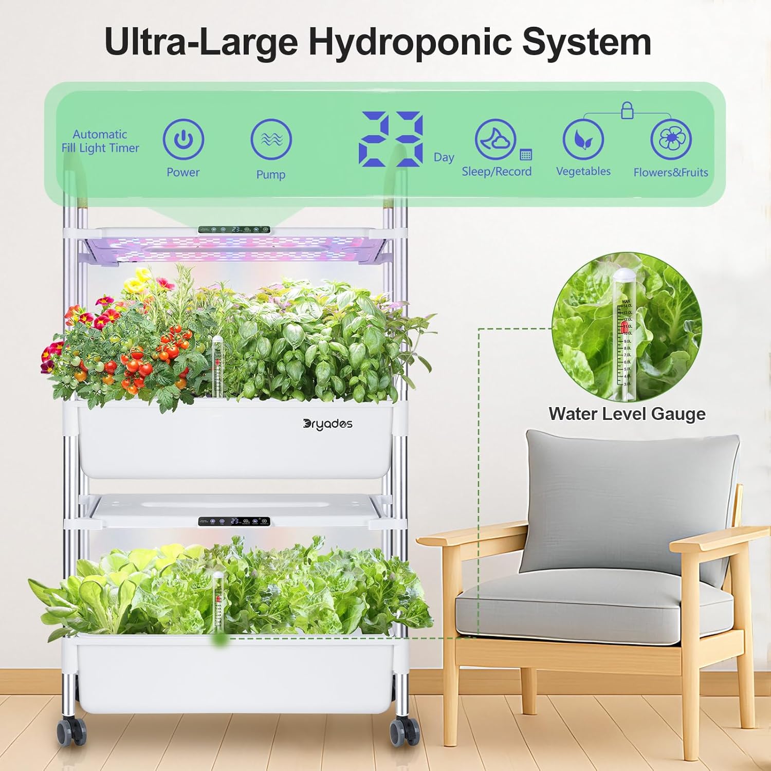Indoor Hydroponic Growing System with 54 Pods Herbs Garden Kit with 30W Led Grow Light Large Movable 2-Layer