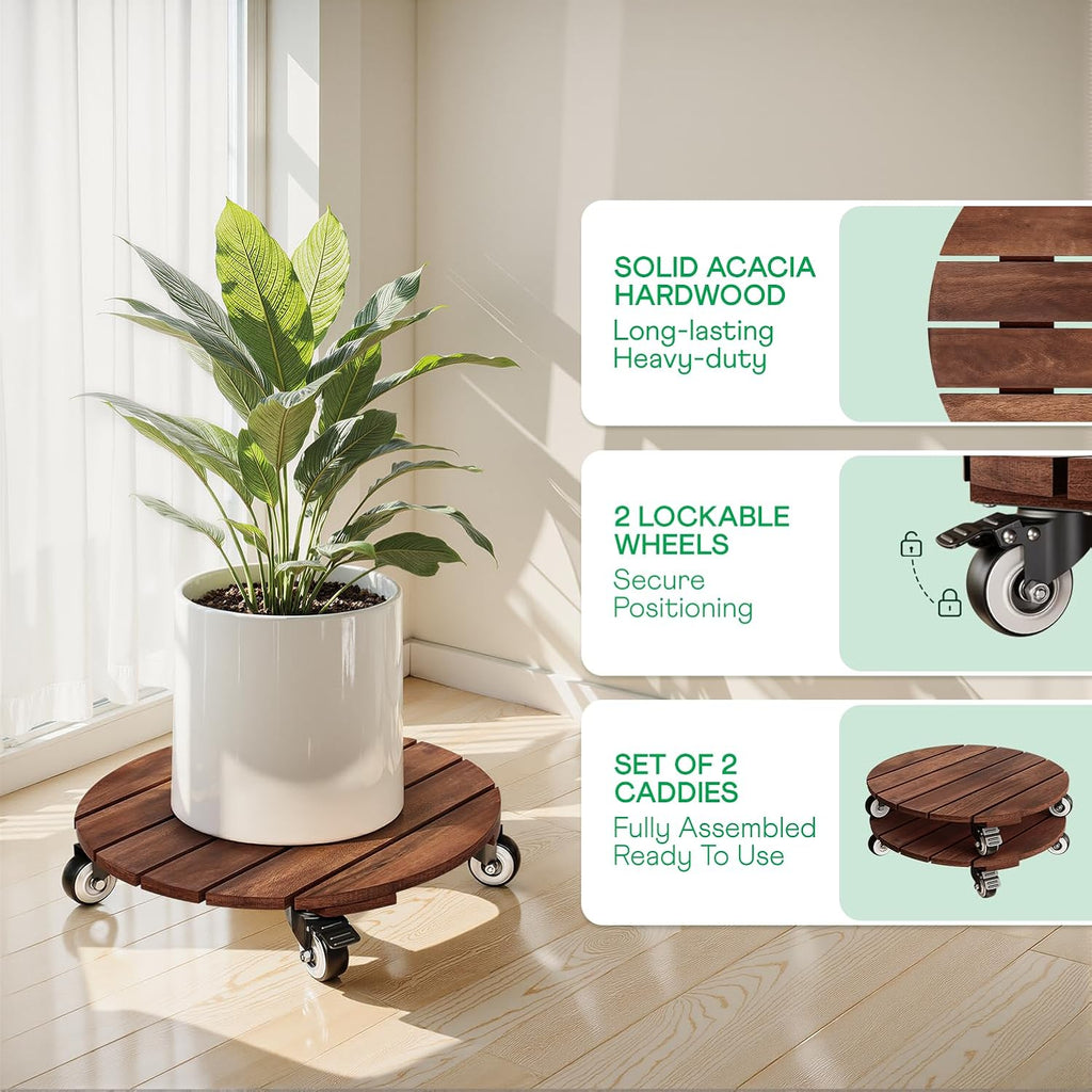 2pack Wood Plant Caddy With Wheels Heavy Duty Red Brown, 264 Lbs Capacity, 12 Inch Acacia Hardwood Plant Roller, Plant