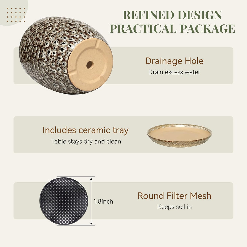 11.8 Inch Modern Ceramic Plant Pot with Saucer, Flower Pot with Drainage Hole Mesh Net,Indoor Outdoor Planter (Speckle