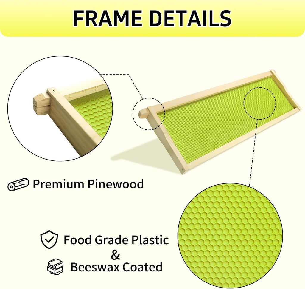 Medium Super Bee Frames with Food Grade Wax Foundations | 10 Pack, Unassembled Wood Bee Hive Frames, Beeswax Coated