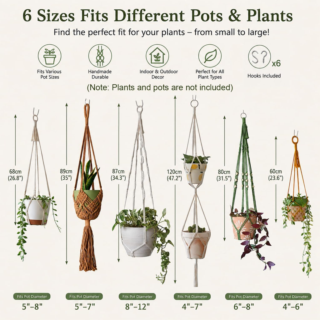 Bouqlife 6 Pack Macrame Plant Hangers Set with Hooks Indoor Hanging Planters with Patterns Handmade Cotton Rope Crochet