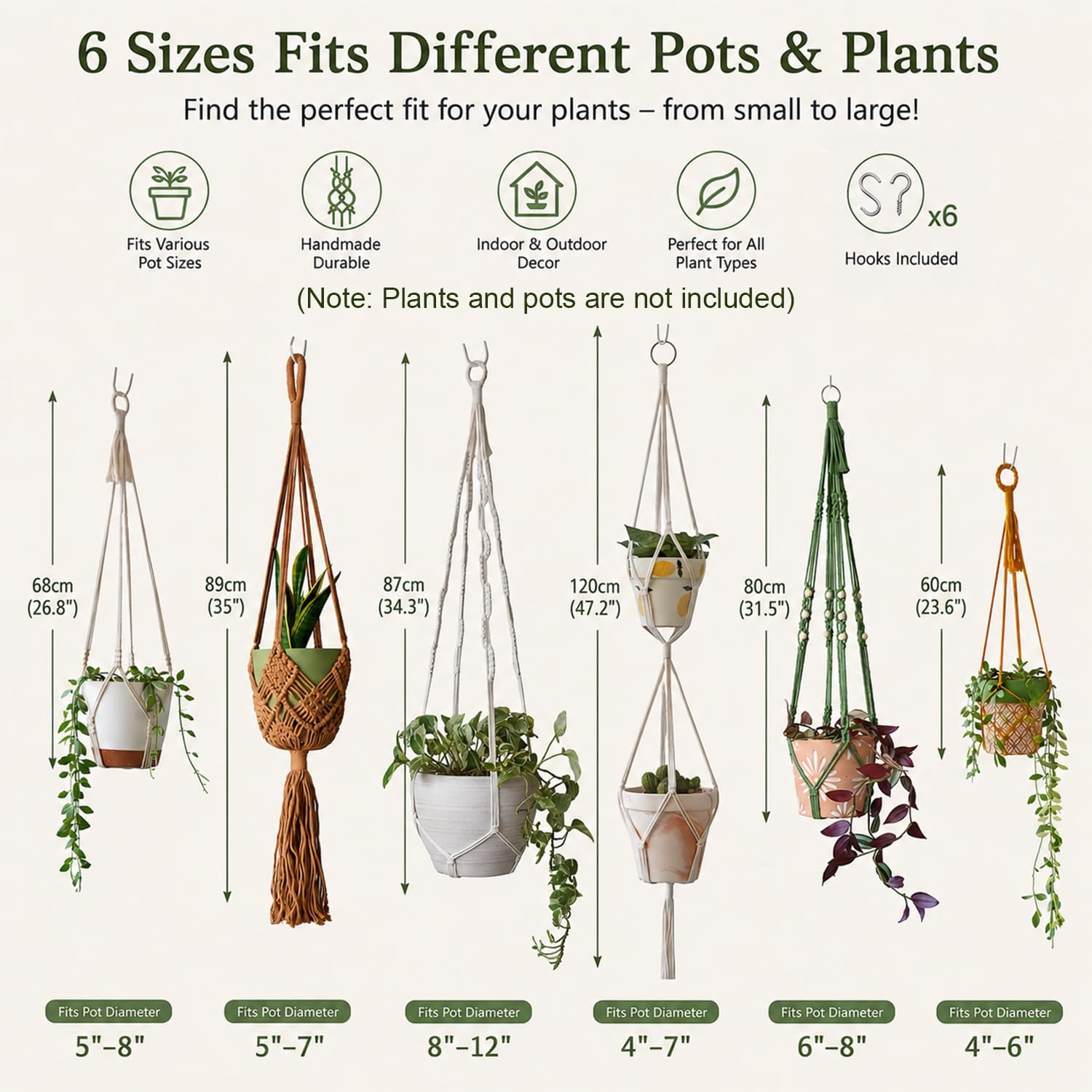Bouqlife 6 Pack Macrame Plant Hangers Set with Hooks Indoor Hanging Planters with Patterns Handmade Cotton Rope Crochet