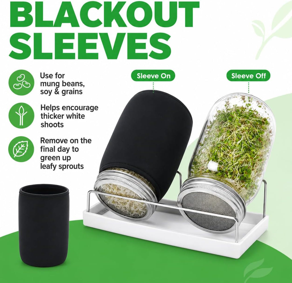 4 Pack Seed Sprouter Jars, 32 oz Wide Mouth Mason Jar Kit | Stainless Steel Mesh Lids, Drip Tray, Blackout Sleeves And
