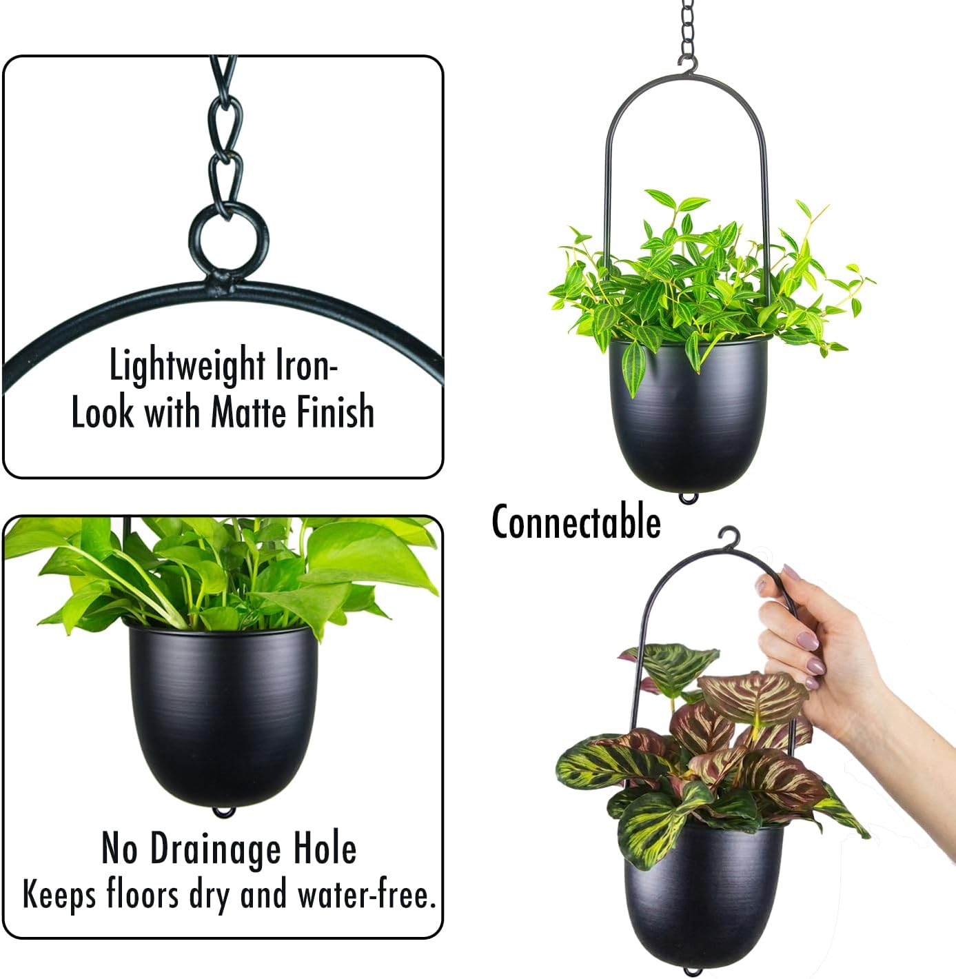Metal Hanging Planters Set of 2 with 6 Inch Oval Pots - Stackable and Connectable Plant Hangers - Black Modular Wall