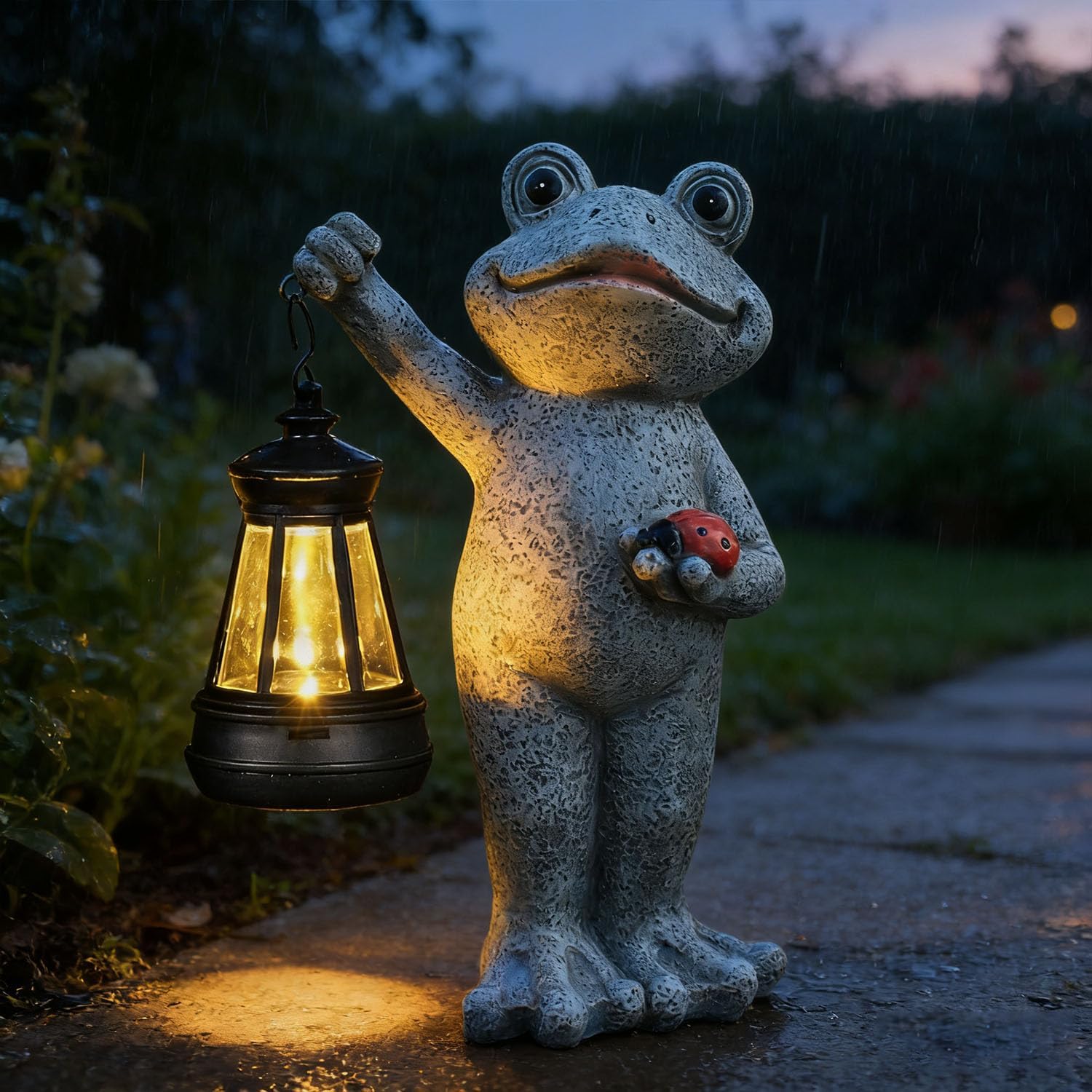 Solar Frog Garden Statue, Resin Figurine with Ladybug & Hanging Solar Lantern Outdoor Decor